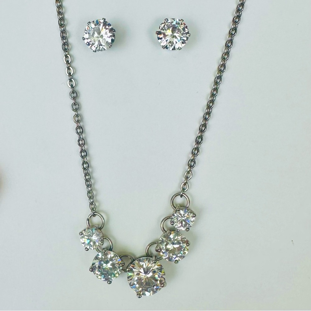 Glittering Silver-Tone CZ Drop Adjustable Necklace & Stud Earrings Set - Picture 5 of 5